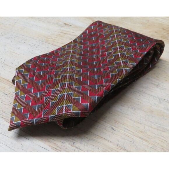 Mens Jhane Barnes Silk Neck Tie Multicolor Geometric Red Brown Made in Japan - Picture 9 of 10
